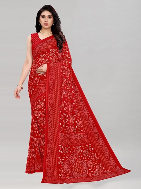 Satrani Red Bandhani Print Saree With Unstitched Blouse Price in India
