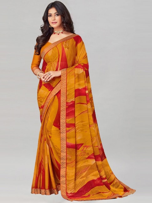 Satrani Yellow Printed Saree With Unstitched Blouse Price in India