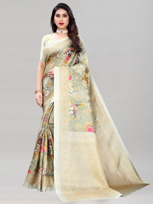 Satrani Pista Green Floral Print Saree With Unstitched Blouse Price in India