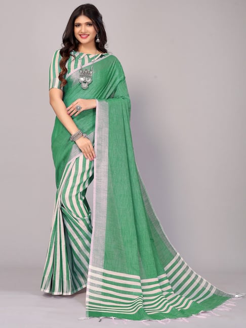 Satrani Green Striped Saree With Unstitched Blouse Price in India