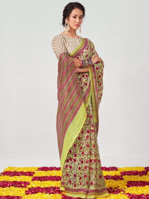 Satrani Yellow Floral Print Saree With Unstitched Blouse Price in India