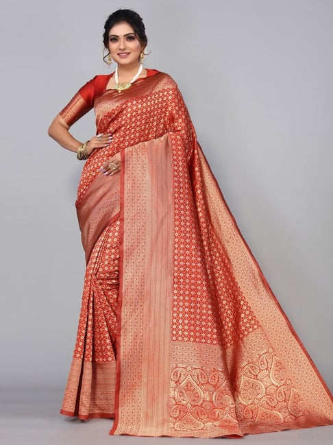 Satrani Red Woven Saree With Unstitched Blouse Price in India