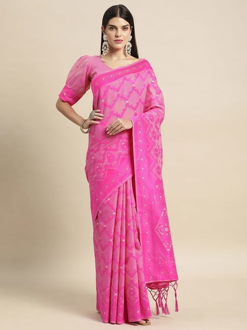 Satrani Pink Woven Saree With Unstitched Blouse Price in India