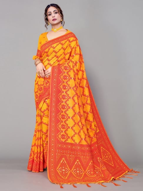 Satrani Yellow Woven Saree With Unstitched Blouse Price in India