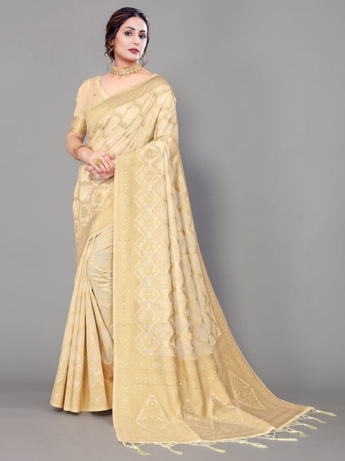 Satrani Beige Woven Saree With Unstitched Blouse Price in India