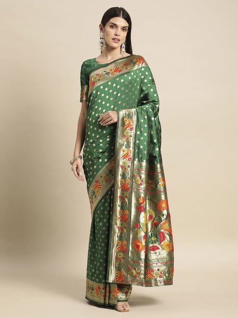 Satrani Green Woven Saree With Unstitched Blouse Price in India