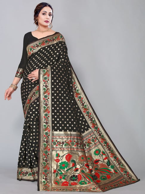 Satrani Black Woven Saree With Unstitched Blouse Price in India