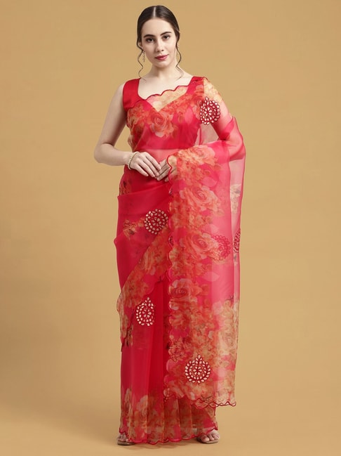 Satrani Hot Pink Floral Print Saree With Unstitched Blouse Price in India