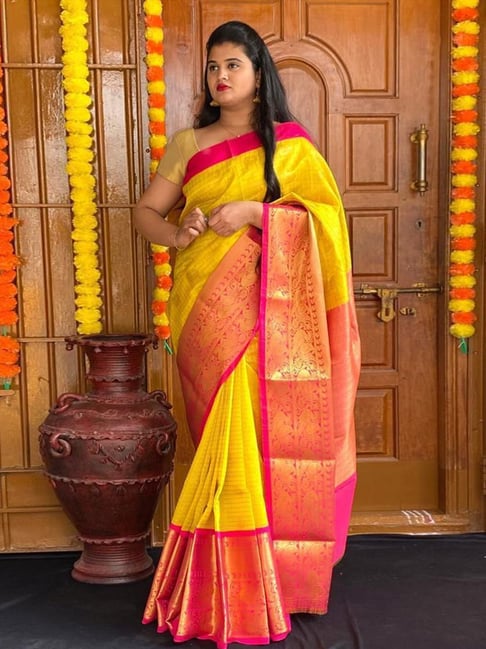 Satrani Yellow Woven Saree With Unstitched Blouse Price in India