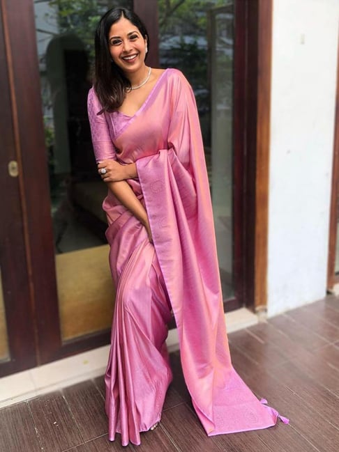 Linen Zari Pink Golden Saree With Blouse Piece|Raga Abhogi|Suta