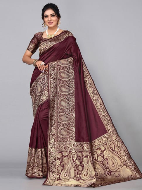 Satrani Brown Woven Saree With Unstitched Blouse Price in India