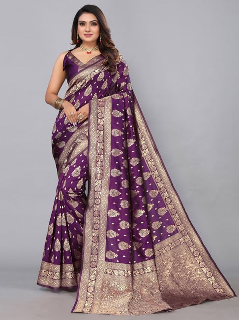 Satrani Purple Woven Saree With Unstitched Blouse Price in India