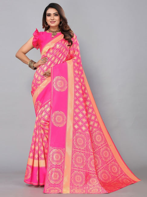 Satrani Pink Woven Saree With Unstitched Blouse Price in India