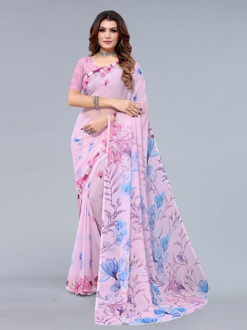 Satrani Pink Printed Saree With Unstitched Blouse Price in India