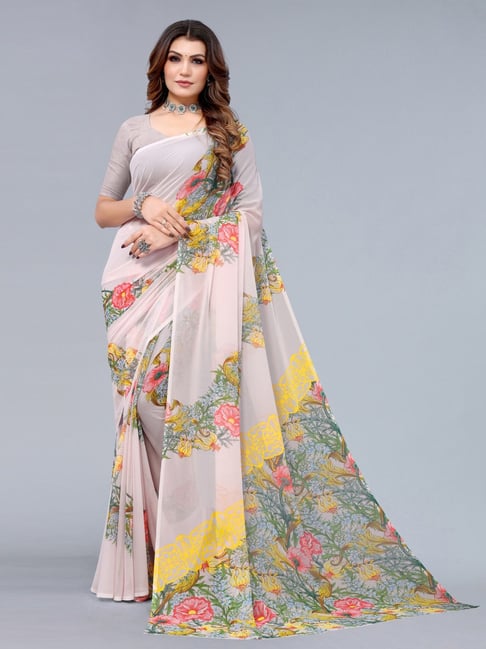 Satrani Beige Printed Saree With Unstitched Blouse Price in India