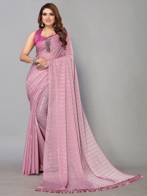 Dusty Rose Chiffon Saree With Embroidered Blouse - Kolour Sarees