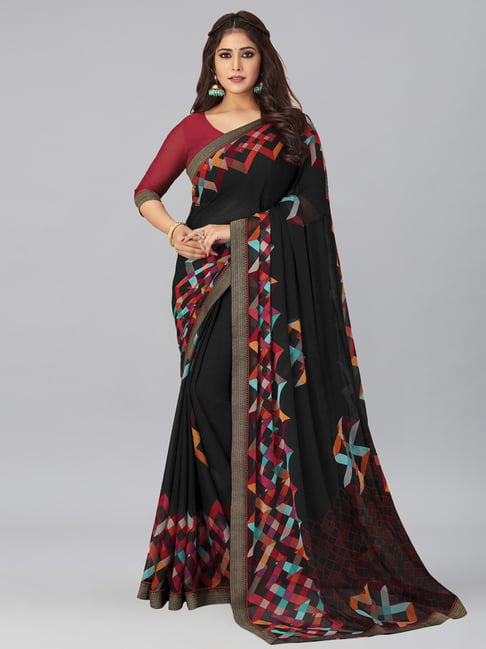 Satrani Black Printed Saree With Unstitched Blouse Price in India