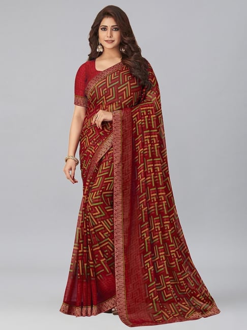 Satrani Red Printed Saree With Unstitched Blouse Price in India