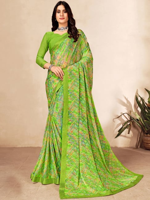 Satrani Green Printed Saree With Unstitched Blouse Price in India