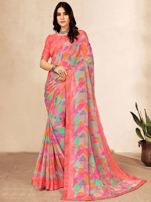 Satrani Multicolored Printed Saree With Unstitched Blouse Price in India