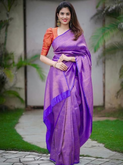 Satrani Purple Woven Saree With Unstitched Blouse Price in India