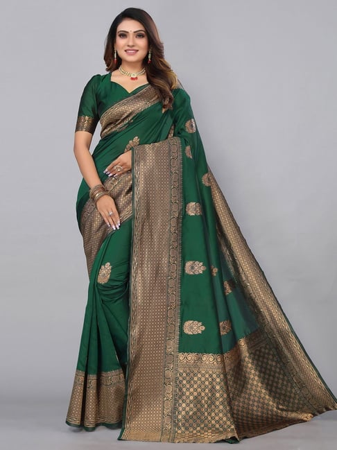 Satrani Green Woven Saree With Unstitched Blouse Price in India