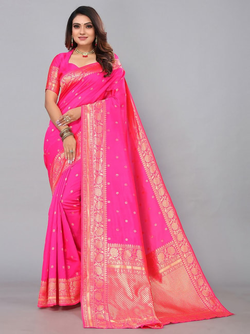 Satrani Hot Pink Woven Saree With Unstitched Blouse Price in India