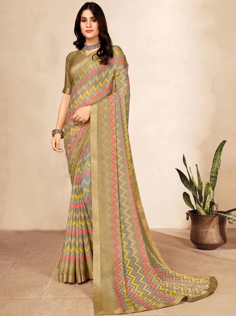 Satrani Beige Printed Saree With Unstitched Blouse Price in India