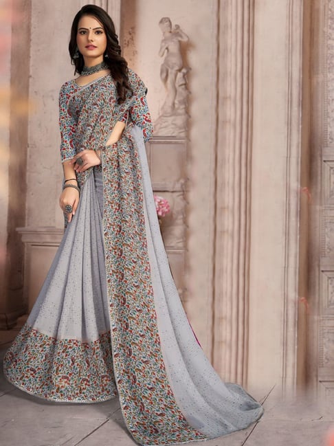 Satrani Grey Printed Saree With Unstitched Blouse Price in India