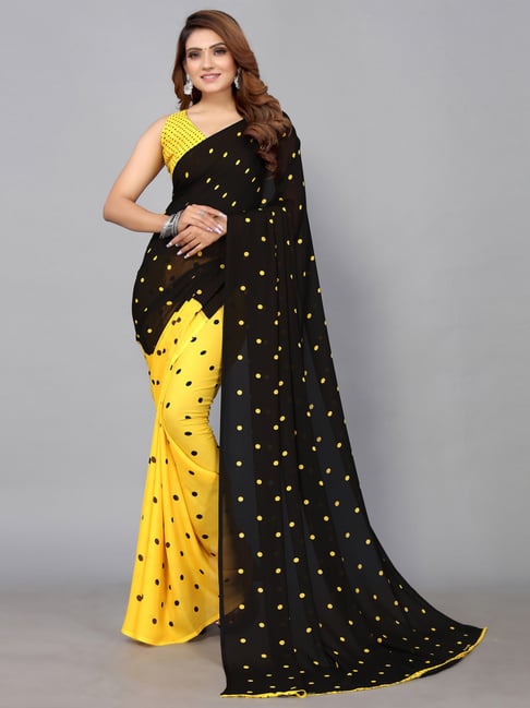 Satrani Black & Yellow Polka Dots Saree With Unstitched Blouse Price in India
