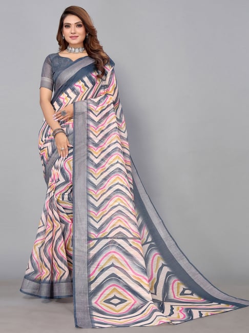 Satrani Grey Printed Saree With Unstitched Blouse Price in India