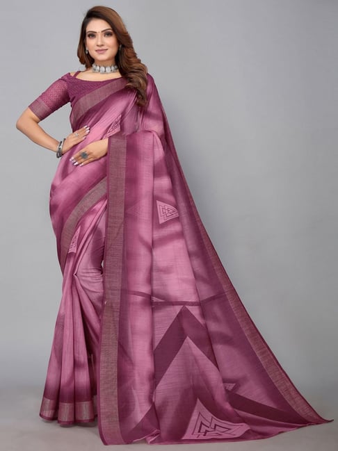 Satrani Purple Printed Saree With Unstitched Blouse Price in India