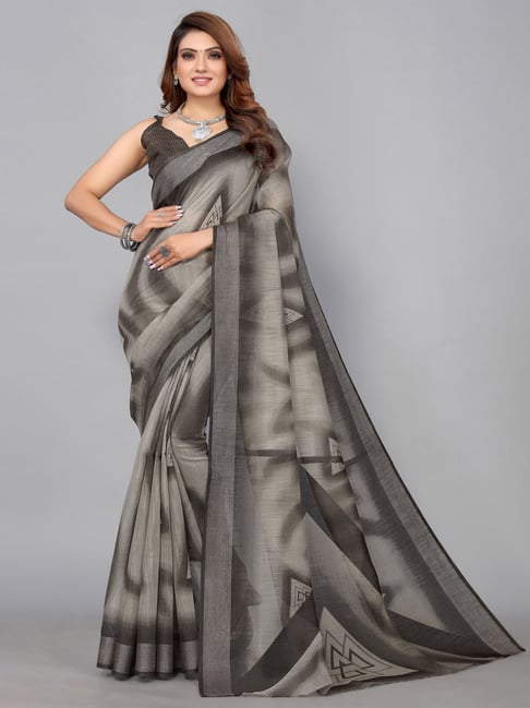 Satrani Grey Printed Saree With Unstitched Blouse Price in India