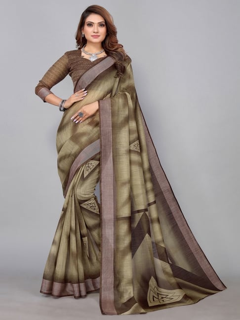 Satrani Brown Printed Saree With Unstitched Blouse Price in India