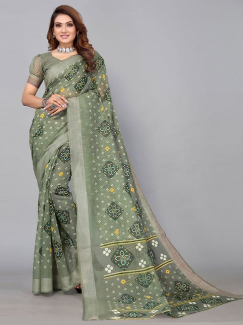 Satrani Green Bandhani Print Saree With Unstitched Blouse Price in India