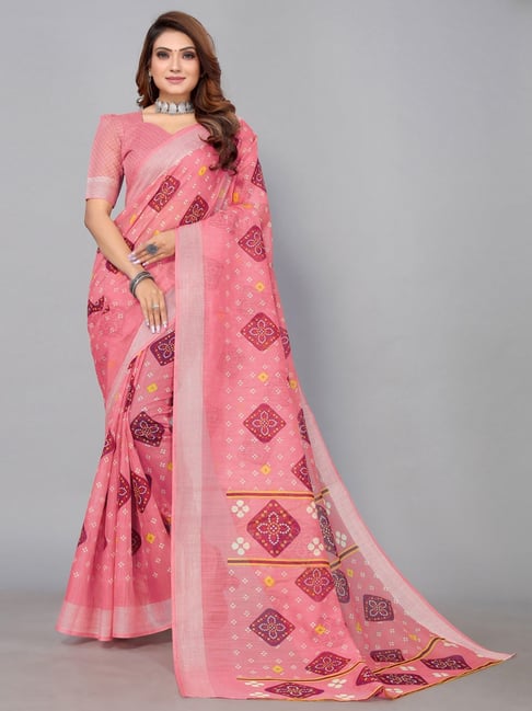 Satrani Pink Bandhani Print Saree With Unstitched Blouse Price in India