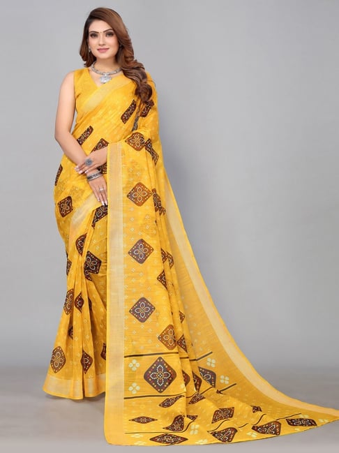 Satrani Yellow Bandhani Print Saree With Unstitched Blouse Price in India