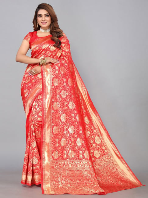 Satrani Red Woven Saree With Unstitched Blouse Price in India