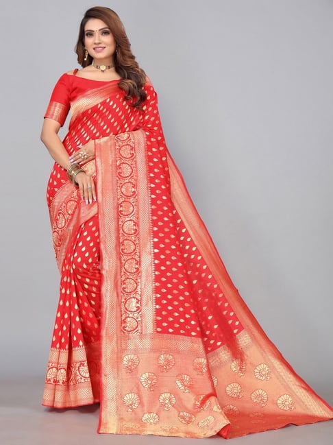 Satrani Red Woven Saree With Unstitched Blouse Price in India