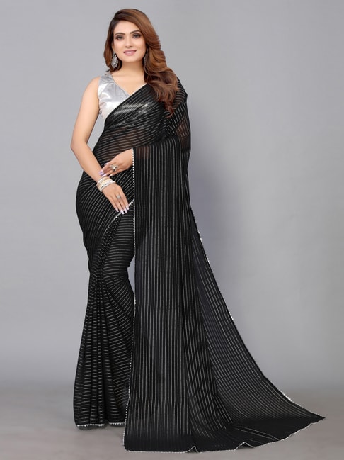 Satrani Black Striped Saree With Unstitched Blouse Price in India