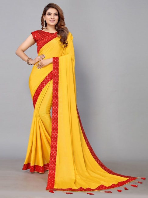 Satrani Yellow Saree With Unstitched Blouse Price in India