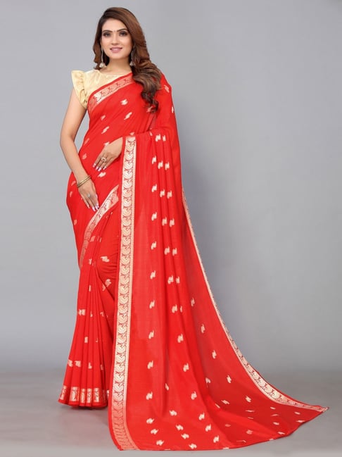 Satrani Red Woven Saree With Unstitched Blouse Price in India