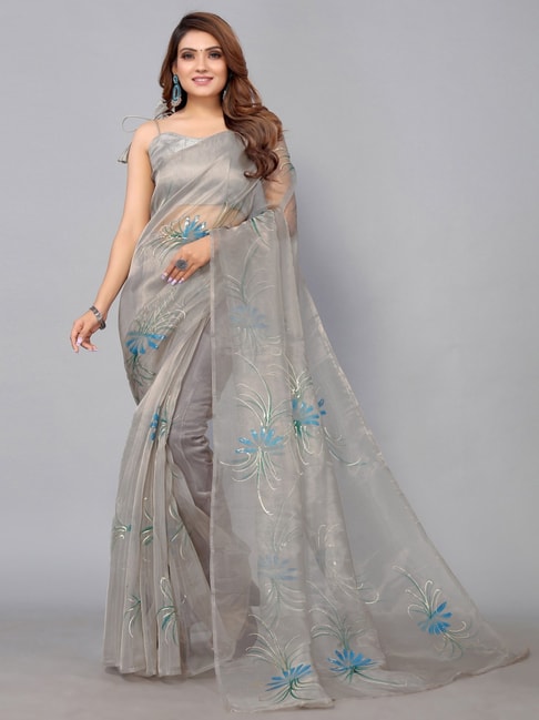 Satrani Grey Floral Print Saree With Unstitched Blouse Price in India