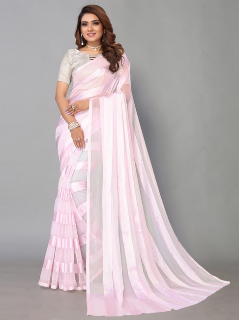 Satrani Pink Striped Saree With Unstitched Blouse Price in India