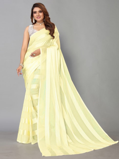 Satrani Yellow Striped Saree With Unstitched Blouse Price in India