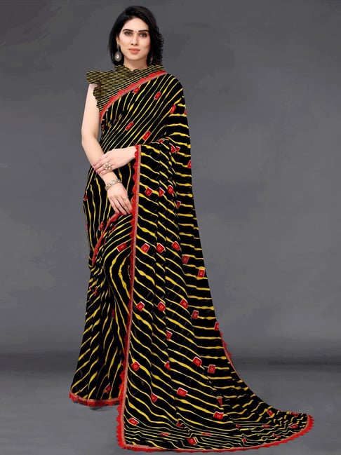 Satrani Black Striped Saree With Unstitched Blouse Price in India