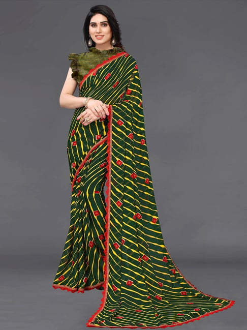 Satrani Green Striped Saree With Unstitched Blouse Price in India