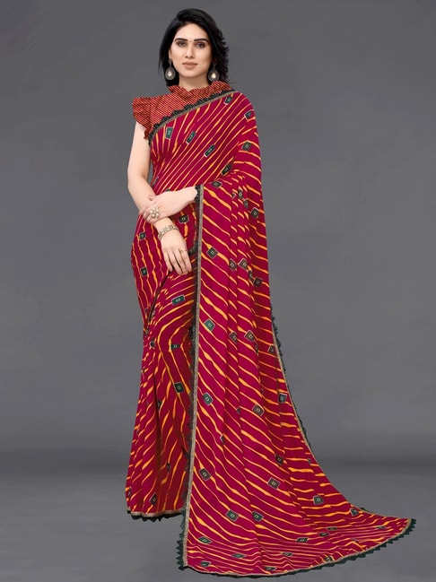 Satrani Red Striped Saree With Unstitched Blouse Price in India