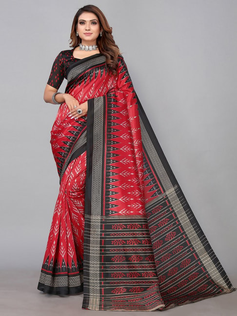Satrani Red Printed Saree With Unstitched Blouse Price in India