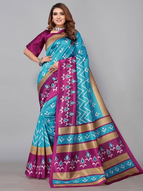 Satrani Sky Blue Printed Saree With Unstitched Blouse Price in India